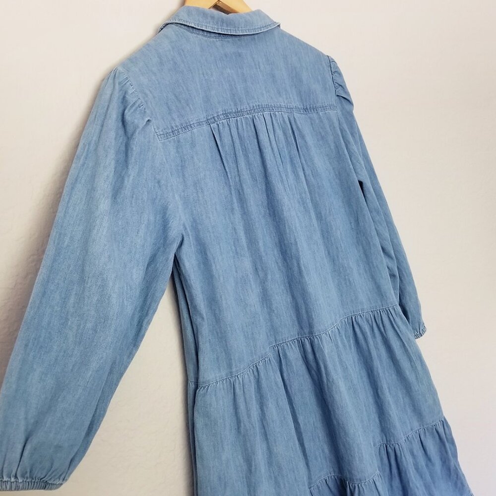 NEW Gap Puff Sleeve Denim Mini Shirtdress M Tall Long Chambray Tiered Boho $80 - Picture 10 of 15